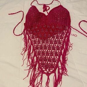 Pink Crochet Halter Top with Fringe